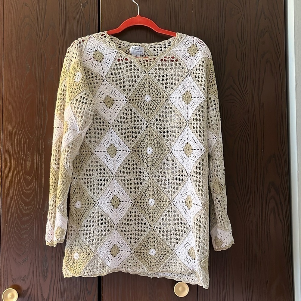All Points crocheted granny square long sleeved top. Tan and white. Size M